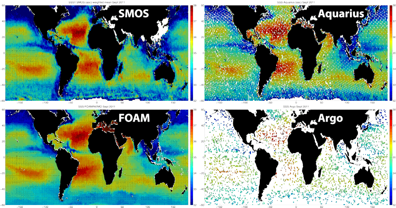 monthly-averaged sea surface salinity on a 1º grid between [-60ºS, 60ºN] generated at NOC for SMOS (top left), Aquarius (top right), the UK Met Office operational FOAM model (bottom left) and from near-surface salinity from Argo (bottom right)